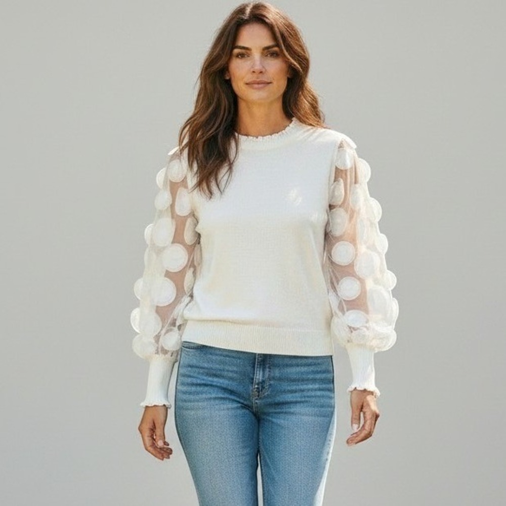Siani Milano 3D Floral Applique Sleeve Knit Top Women XL White Ruffle Romantic